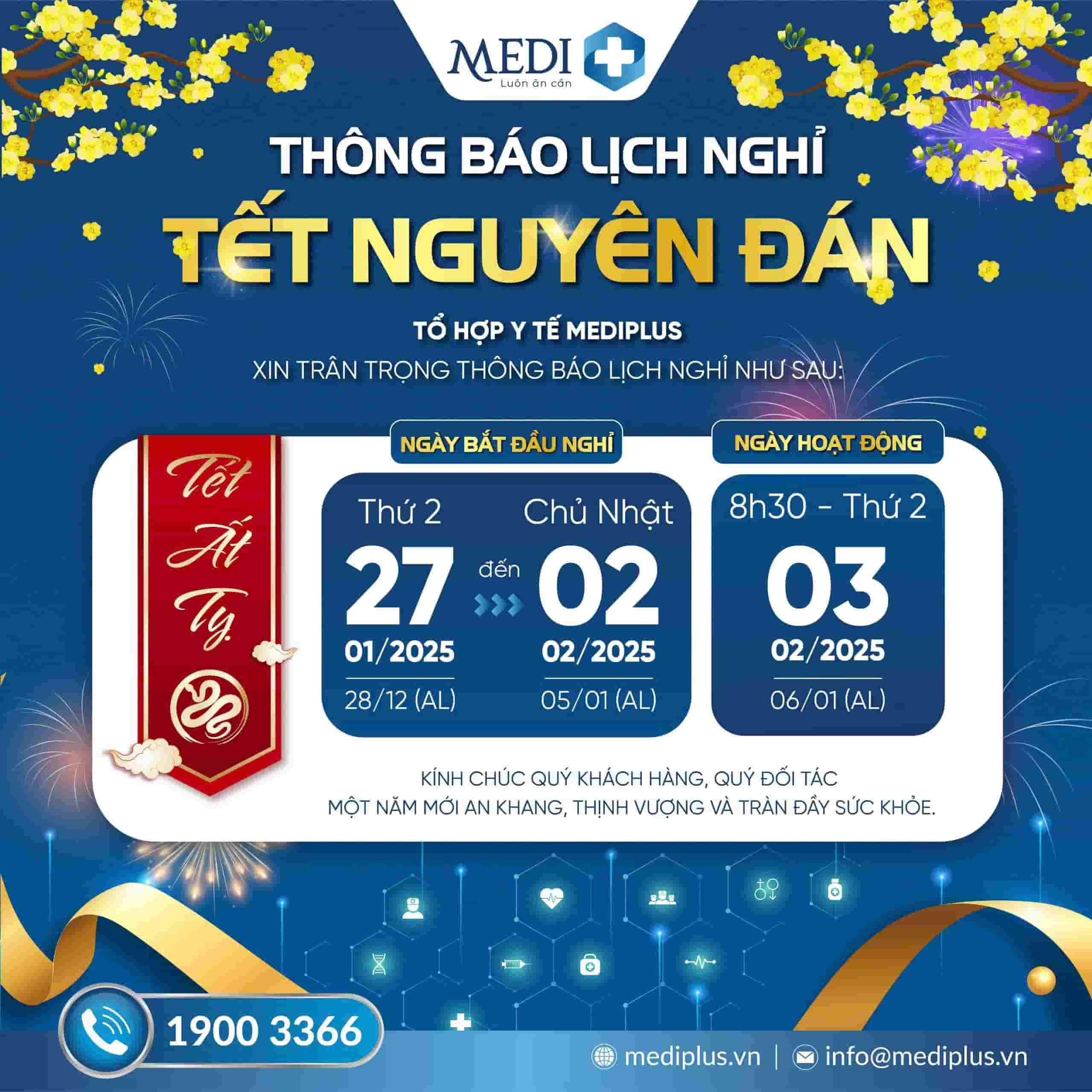 [THÔNG BÁO] LỊCH NGHỈ TẾT NGUYÊN ĐÁN ẤT TỴ 2025 MEDIPLUS